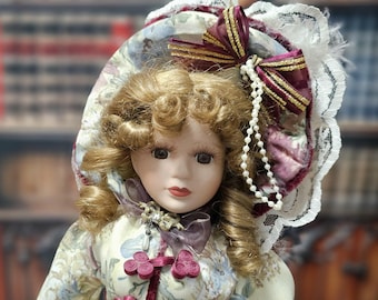 Vintage French Porcelain Doll 1980s, Victorian Style Collectible