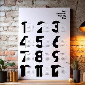 Poster calendrier mural minimaliste blanc 2025 - Design moderne d&#39;une page pour la maison et le bureau, élégant et fonctionnel