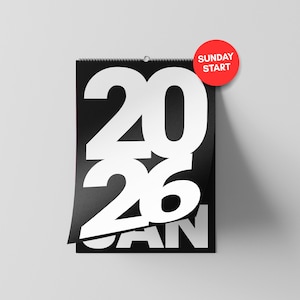 2026 Black and White Wall Calendar | Minimalist Home Decor | SUNDAY start
