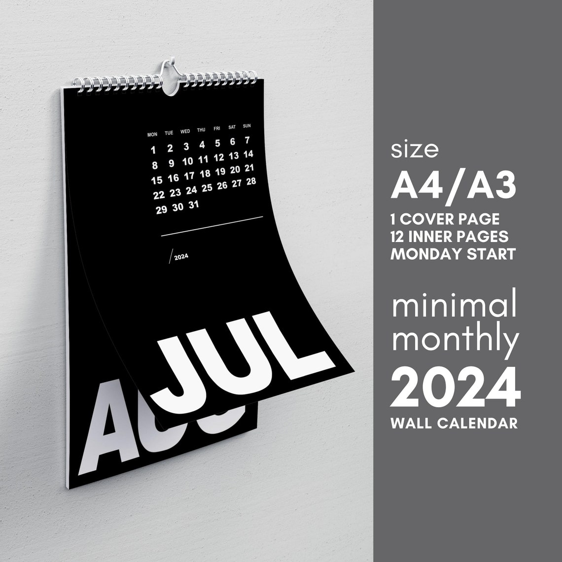 Black Wall Calendar 2024 Black Minimal Calendar 2024 Blackwhite