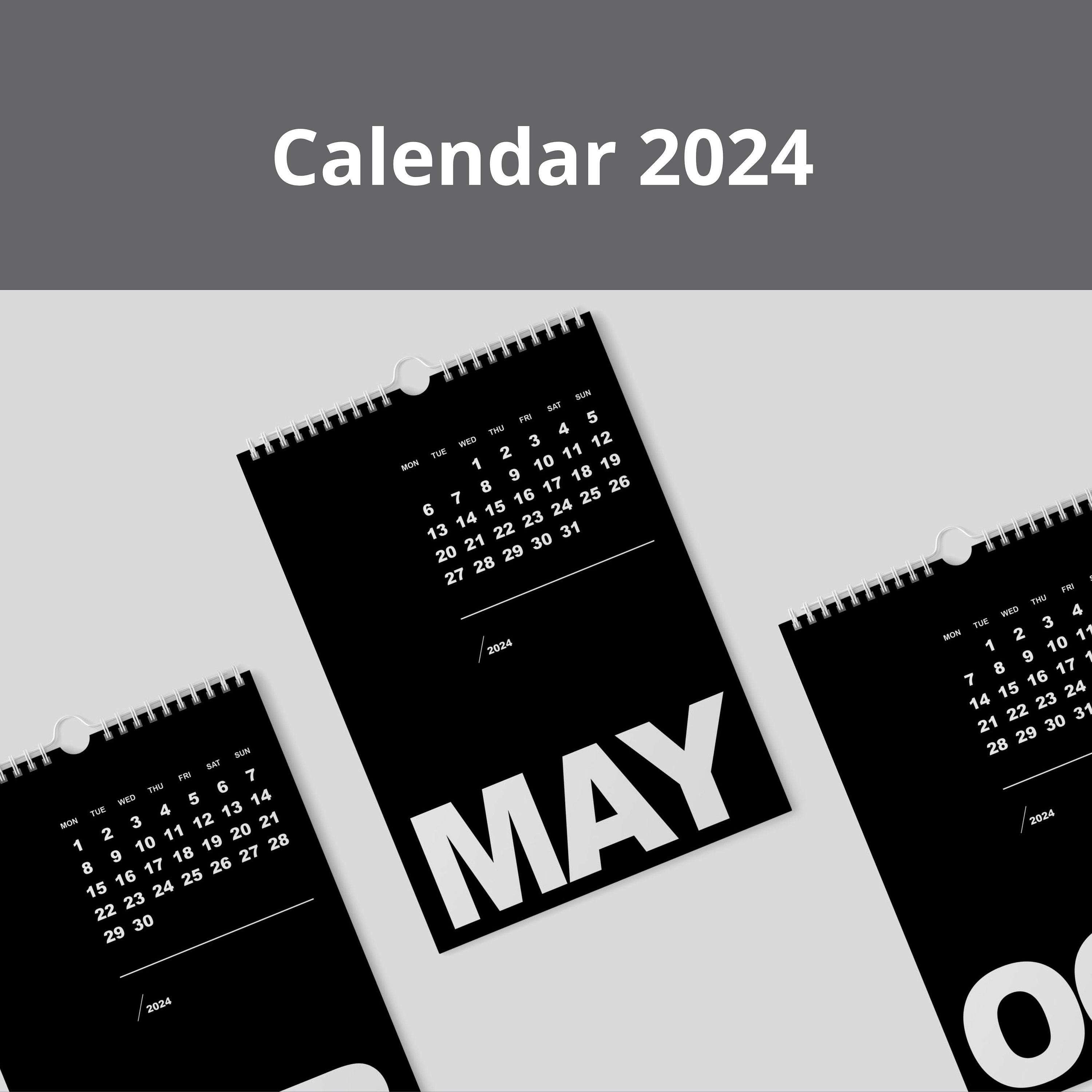 Black Wall Calendar 2024 Black Minimal Calendar 2024 Blackwhite