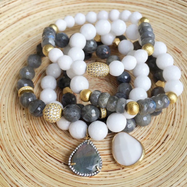 Labradorite with White Jade and Gold Pave Bracelets, Set of Five