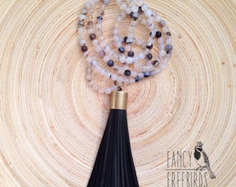 Creamy Agate Gemstone Necklace with Leather Tassel