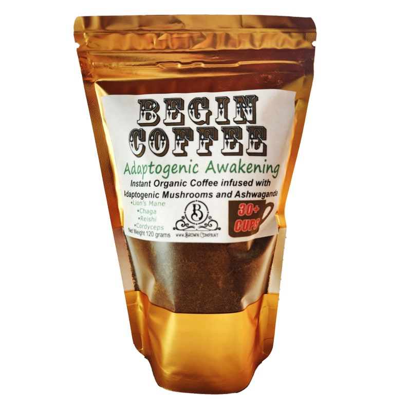 May include: Gold pouch with a label that reads "BEGIN COFFEE Adaptogenic Awakening" and lists ingredients including Lion's Mane, Chaga, Reishi, and Cordyceps. The pouch contains a dark brown powder and states "30+ CUPS" on the label.