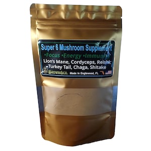Super Six Mushroom Powder Cordyceps, Lion&#39;s Mane, Shiitake, Reishi, Chaga, and Turkey Tail