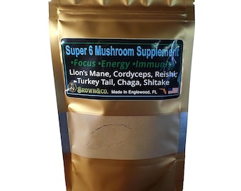 Polvere di funghi Super Six Cordyceps, Criniera di leone, Shiitake, Reishi, Chaga e Coda di tacchino
