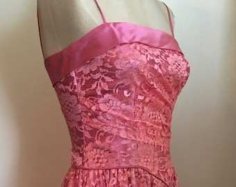 Vintage 1980's Custom Made Pink Satin & Lace Party Dress with Basque Waist/Classic Style/Spaghetti Straps/xs