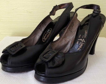 Vintage 1940's/40s Black Leather Sling Back Platform Heels/Shoes/Sandals 6.5/ 61/2