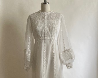 1970s White Chiffon and Lace Empire Waist Wedding Dress with Peasant Sleeves and Train/Vintage Wedding Dress