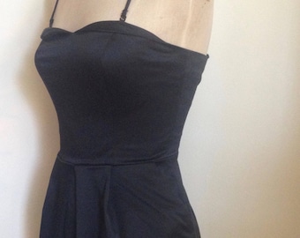 1990's Black Cotton Satin Finish Micro Mini Dress with Removable Spaghetti Straps/Pockets/Candie's /LBD