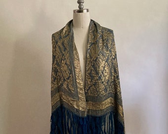 20s Fabulous Art Deco Rich Lapis Blue & Gold Lamé Woven Silk Shawl with Fringe/Vintage Silk Shawl/DH