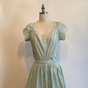 Könnte beinhalten: Ein hellblaues Vintage-Kleid mit weißen, gestickten Blumenmotiven und einer Spitzenborte. Das Kleid hat ein tailliertes Oberteil und einen weiten Rock.