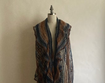 1980s Missoni Copper/Blue/Brown Loose Knit Large Fringe Wrap/Shawl/Scarf/Vintage Missoni
