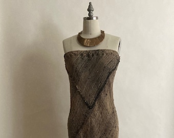 Vestido longo vintage Rebecca Jane Noble, chevron, sem alças, com corte enviesado e detalhes de bordas cruas/vestido vintage sem alças