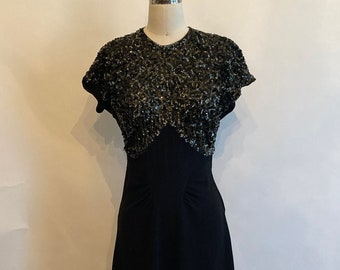 1940s Black Rayon Crepe Dress with Sequins