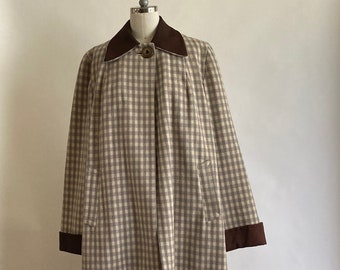 1940s/40s Grey Wool Gingham Swing Coat with Brown Faille Collar & Cuffs/RW