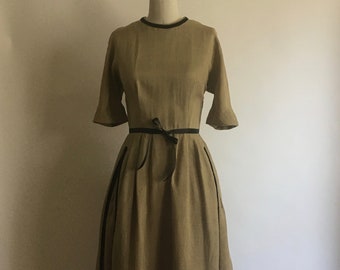 50s Gold Raw Silk Dress with Black Piping and Pockets