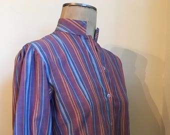 Vintage 1980's Striped Blouse with 3/4 Puff Sleeves/Balloon Sleeve and Mandarin Collar/Striped Blouse