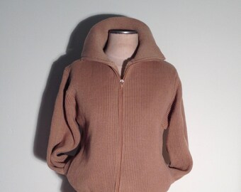 70s Vintage Faux Shearling Lined Khaki Mens Zip Up Sweater/Cardigan