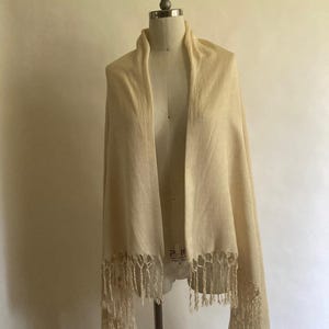Victorian Vintage Cream Silk Shawl with Fringe
