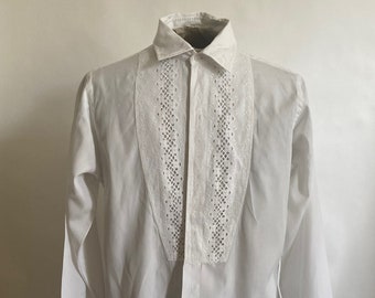 1940s Rogoff Bothers/Cleveland Mens White Brocade/Eyelet Cotton Tuxedo/Formal Shirt with French Cuffs/15.5-34/E