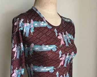 Vintage 70s &#39;Great Gatsby&#39; Novelty Print Huckapoo Style  Crew Neck Shirt