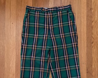 1960s Vintage Brooks Brothers Lightweight Cotton Plaid Flat Front PantsGolf Pants Trousers 33x32