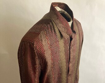 1980s/80s Mens Missoni Silk gold & Burgundy Snakeskin/Reptile Print Button Down Shirt/size L/RW