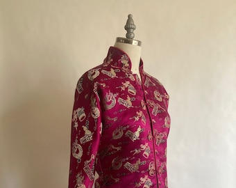 Vintage Fuchsia Silk Brocade Qipao/Cheongsam Fitted Jacket Lined in Silk and Wool/Mandarin Collar/xs