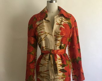 70s Bright Floral Linen Jacket with Matching Belt/Handmade Floral Duster