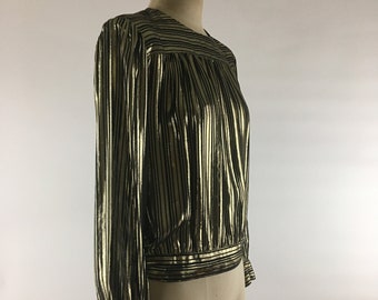 80s Gold Lamé and Black Striped Disco Blouse with Puff Sleeves/Lloyd Williams