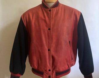 1980s LA Studio Hollywood Distressed Mens Quilted Leather and Wool Bomber/Letterman Jacket