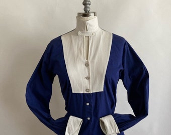 1940s/40s Vintage Navy Blue & White Cotton Waffle Collar and Cuffs Blouse/Handmade