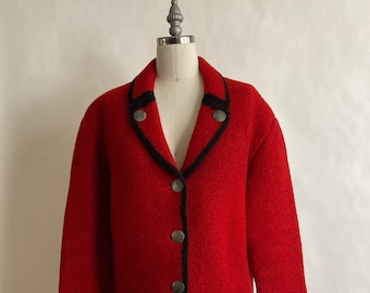 Vintage 1960s/60s Austria Brilliant Red Boiled Wool Sweater Jacket with Black Piping and Nickel Buttons/RW