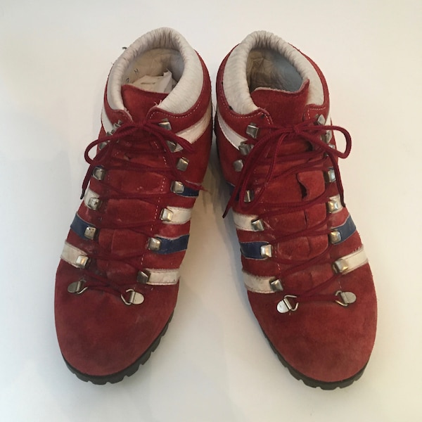 70s Red/Blue/White Stripe Suede Dunham Tyrollean Hiking Boots/Women size 7/RW/1970s Hiking Boots