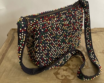 1940s Navy Blue Kunststoff PerlenTasche/Umhängetasche mit Metall Reißverschluss/Kaviar Perlenkäschchen/Handtasche