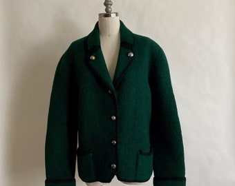 Vintage 1960s/60s Austria Deep Pine Green Boiled Wool Sweater Jacket with Black Piping and Nickel Buttons/RW