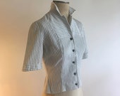 1940 39 s White Blue Pinstriped Crisp Cotton Ribbed Short Sleeve Button Down Jacket Shirt 40s 1940s