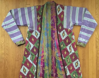 1920s/1930s Handwoven Mens Silk Ikat Chapan Coat from Uzbekistan/Vintage Silk Robe/RW