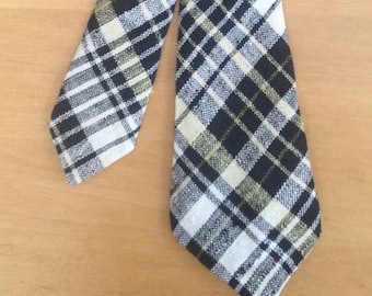 Vintage 1970s Black/Gold/Cream Plaid Handwoven Raw Silk Mens Tie/Made in India