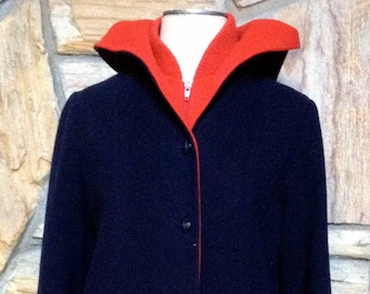 80s Navy/Red Mackintosh Button Down Hooded Wool Jacket/Coat with Zip up Attached Vest/Medium