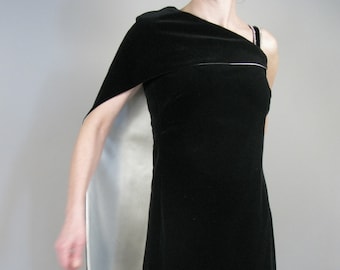 60s Sorelle Fontana One Shoulder Black Velvet Cocktail Dress with White Satin/Velvet Back Drape/Designer Gown/Vintage Sorell Fontana