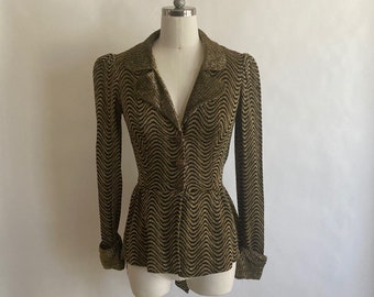Fabulous 1970s does 1940&#39;s Black & Gold Lamé/Lurex Swirly Print Fitted Jacket with Puff Sleeves/Vintage Gold Lurex Jacket