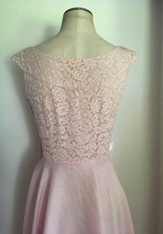 50s Blush Pink Linen and Lace Garden Party Dress … - image 5