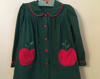 1940's Best & Co. Pine Green with Red Piping Cotton Girl's Jacket/Smock with Apple Pockets/ Novelty Jacket/Liliputian Bazaar