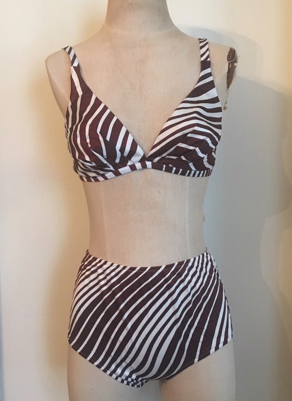 1970's Brown/White Striped Print Nylon Swimsuit B… - image 1