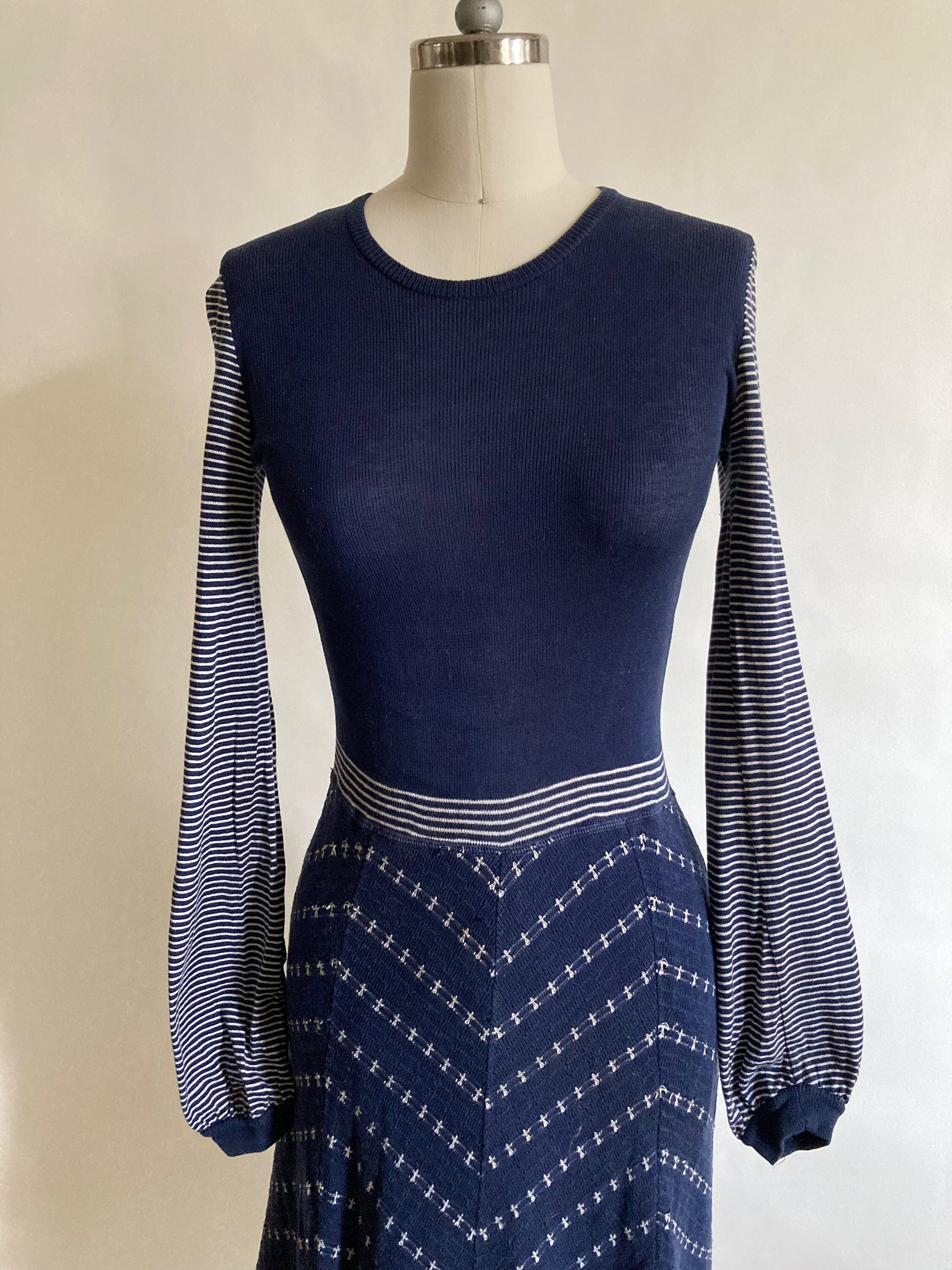 1970s Navy Blue & White Striped Multi Texture Knit Dress