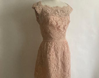 Late 1950s/1960s Vintage Blush Pink Short Sleeve Lace Dress with Lace Boat Neck/G.Fox & Co.