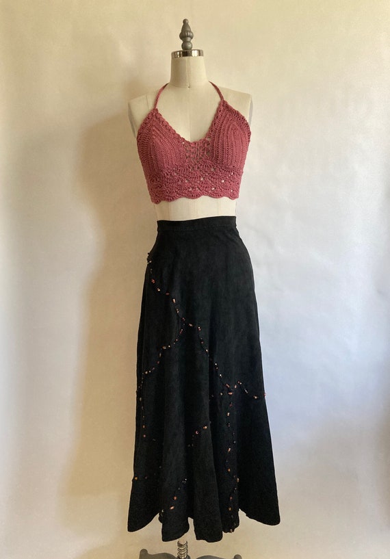 1970s Black Lightweight Suede Patchwork A-Line Hi… - image 2