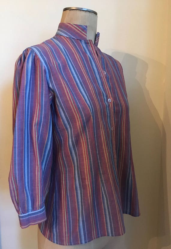 Vintage 1980's Striped Blouse with 3/4 Puff Sleeve